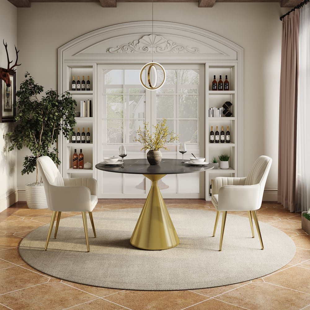 39" Sintered Stone Round Dining Table Set with Brushed Gold Base Seats 2 People window image