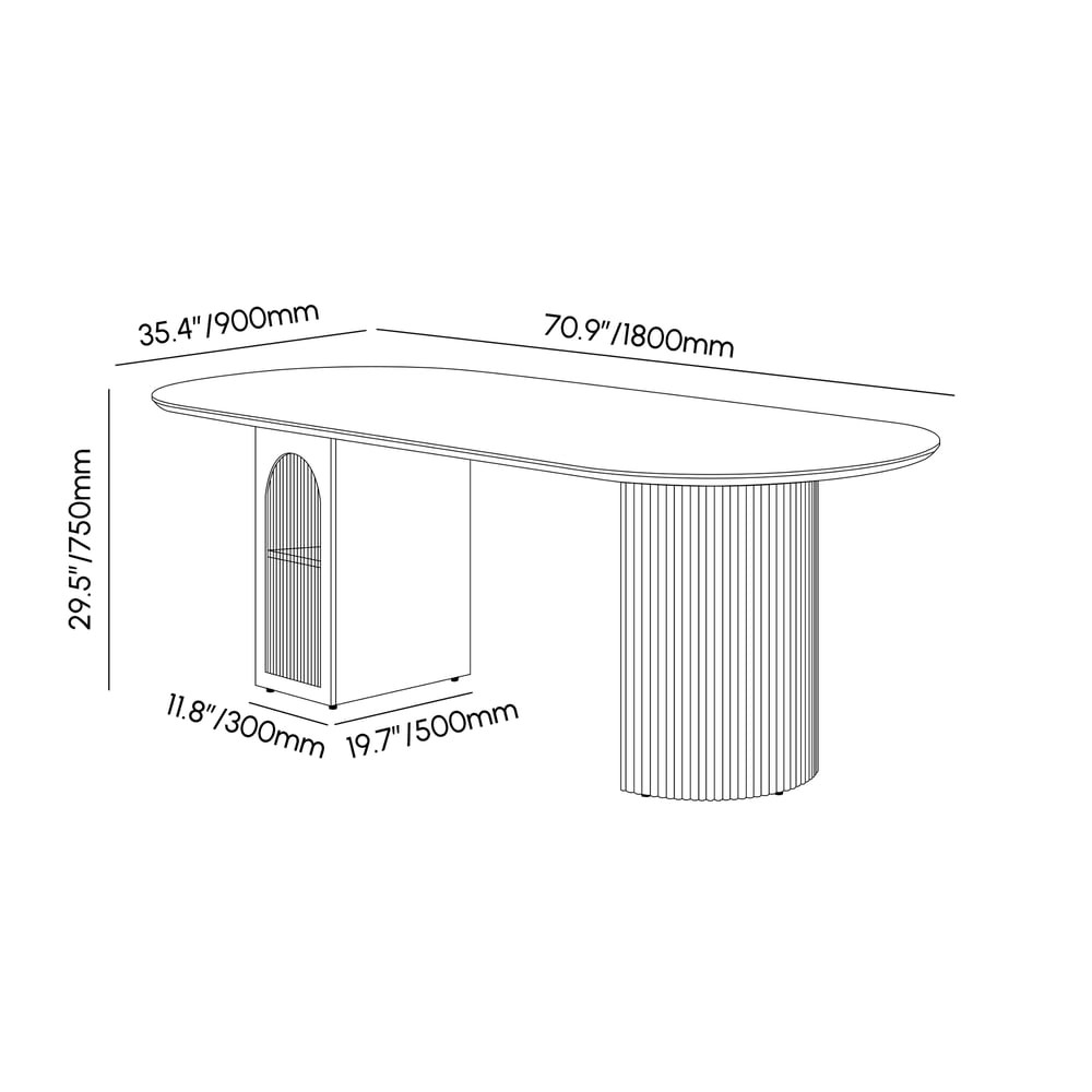1800mm Faux Travertine Oval Dining Table with Fluted Base & Storage weights dimensions image