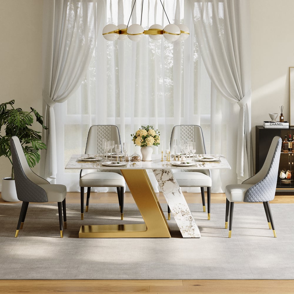 Modern 1600mm Rectangle Sintered Stone Dining Table with 4 Chairs in Gold window image