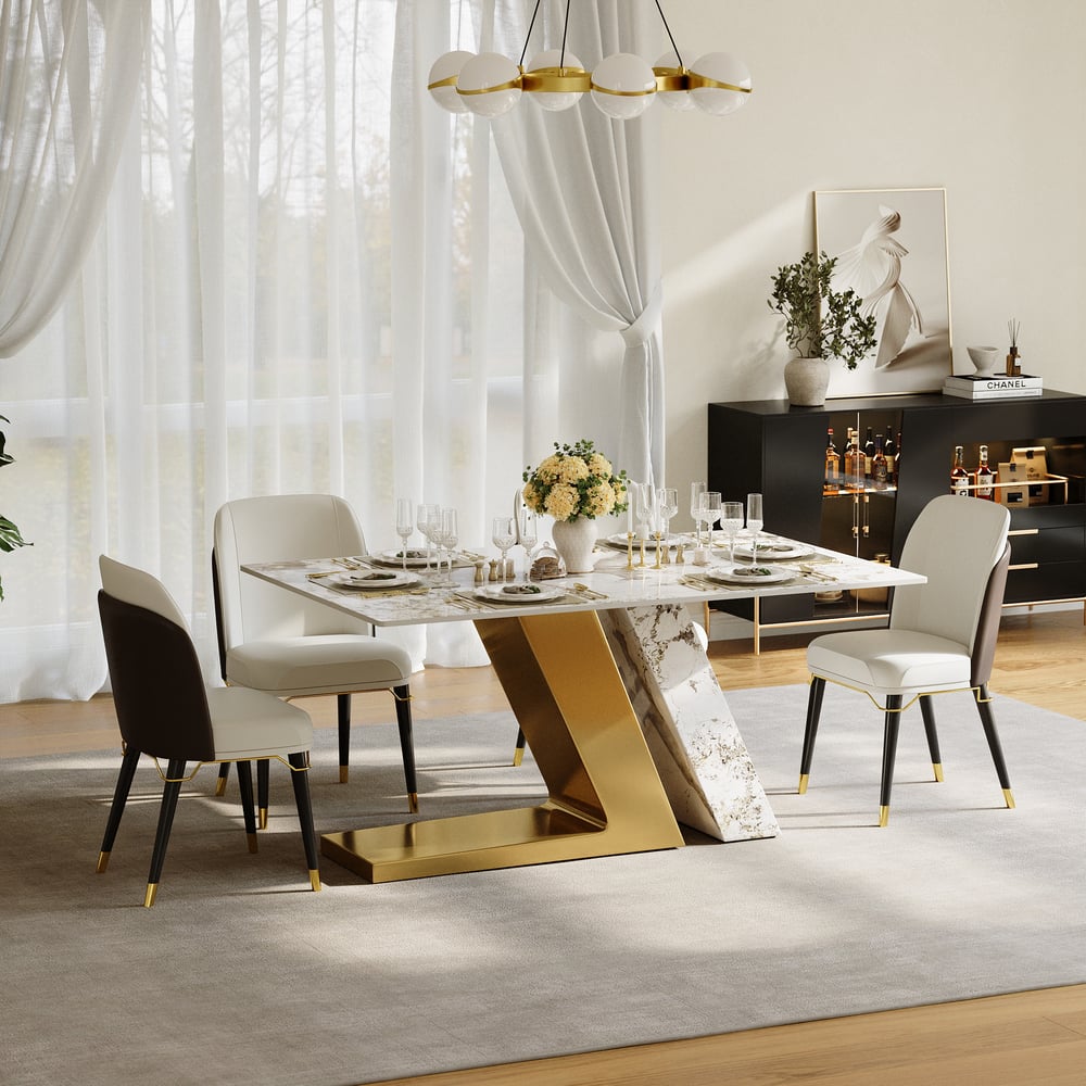 Moderna mesa de comedor rectangular de piedra sinterizada de 1600 mm con 4 sillas en dorado imagen de ventana