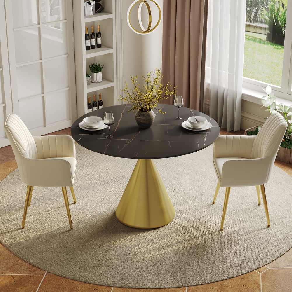 39" Sintered Stone Round Dining Table Set with Brushed Gold Base Seats 2 People window image