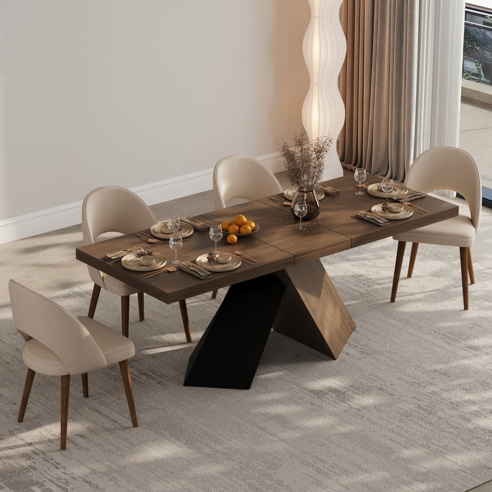 Table de salle à manger extensible en noyer de 1630 mm à 2030 mm, base piédestal de ferme moderne pour 4 à 6 personnes image de fenêtre