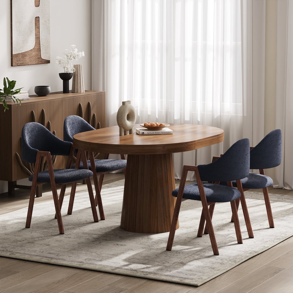 Blue Boucle Upholstered Dining Chair Curved Back Chair Set of 2 window image