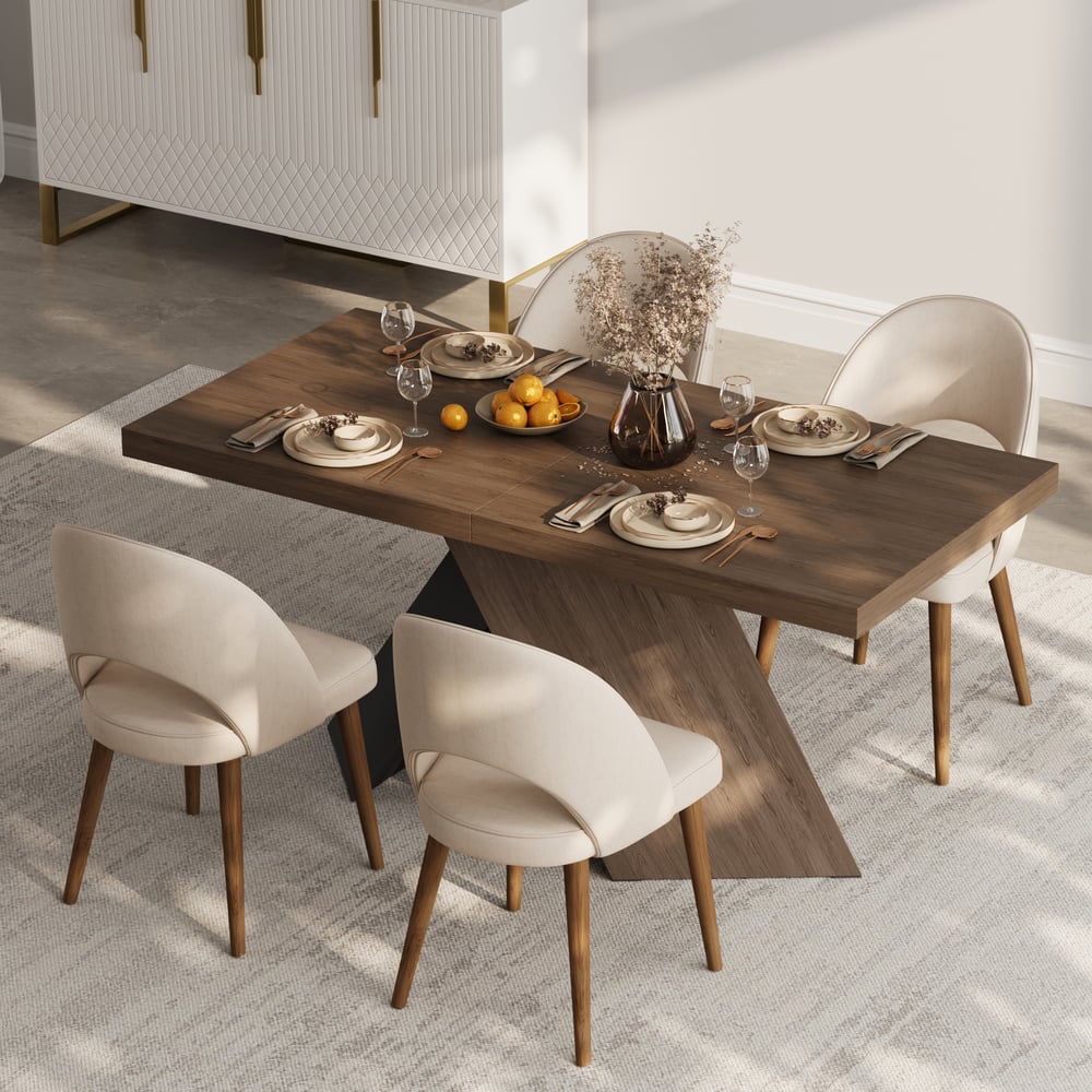 Table de salle à manger extensible en noyer de 1630 mm à 2030 mm, base piédestal de ferme moderne pour 4 à 6 personnes image de fenêtre