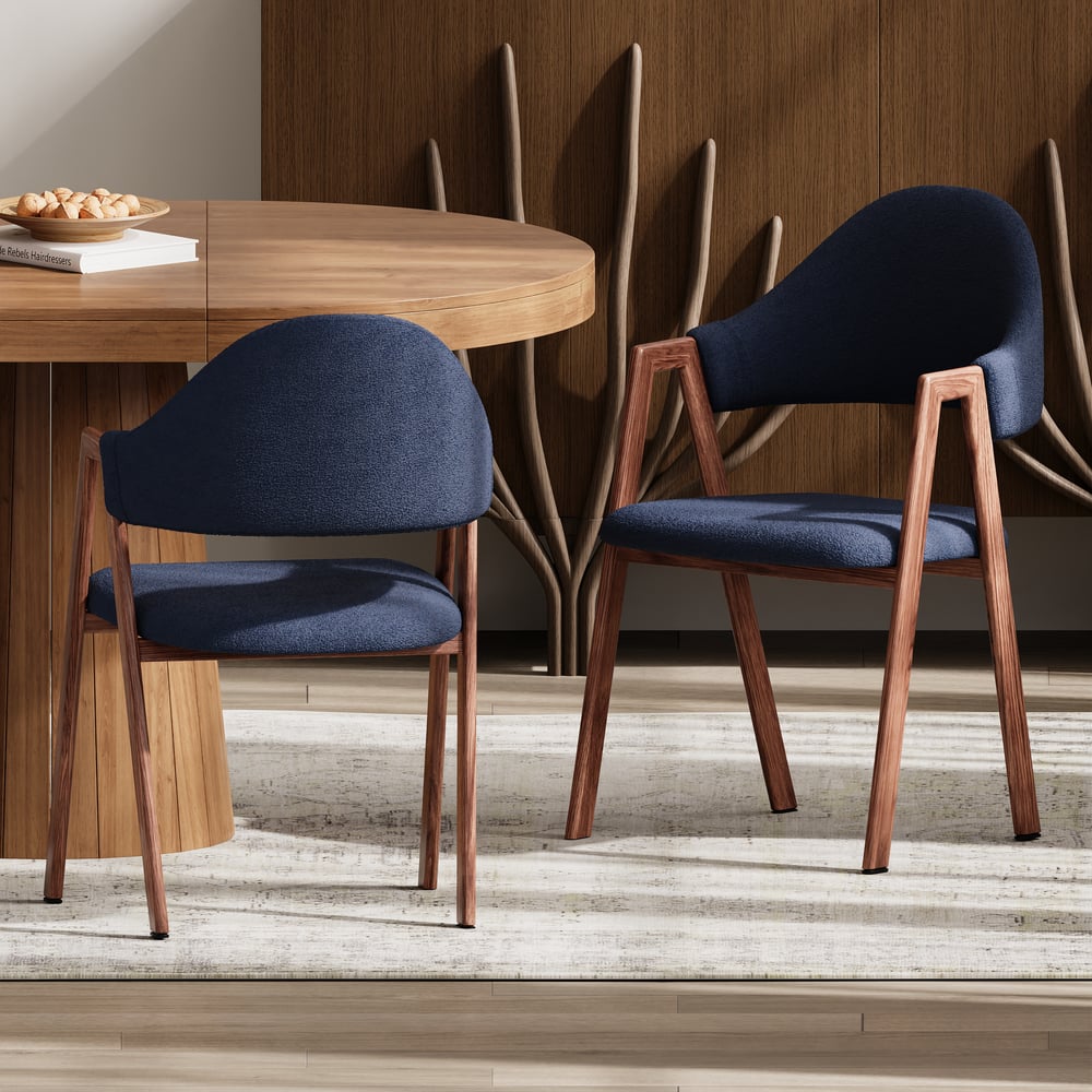 Blue Boucle Upholstered Dining Chair Curved Back Chair Set of 2 window image