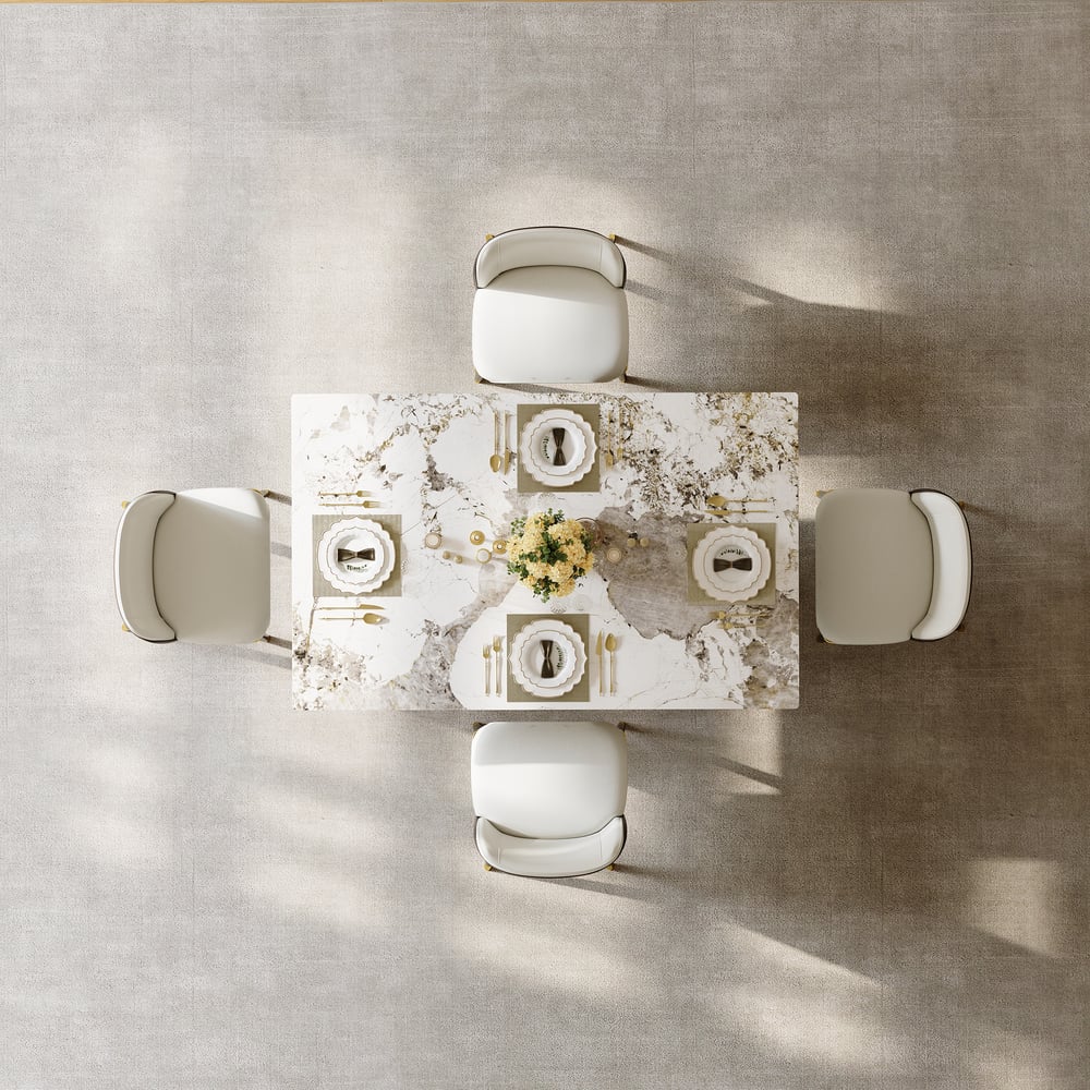 Moderna mesa de comedor rectangular de piedra sinterizada de 1600 mm con 4 sillas en dorado imagen de ventana