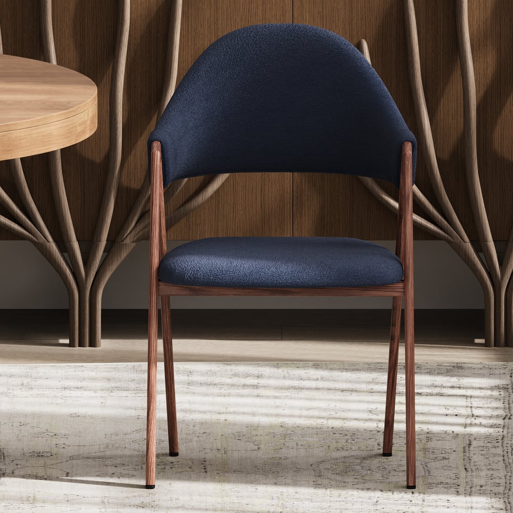 Blue Boucle Upholstered Dining Chair Curved Back Chair Set of 2 window image