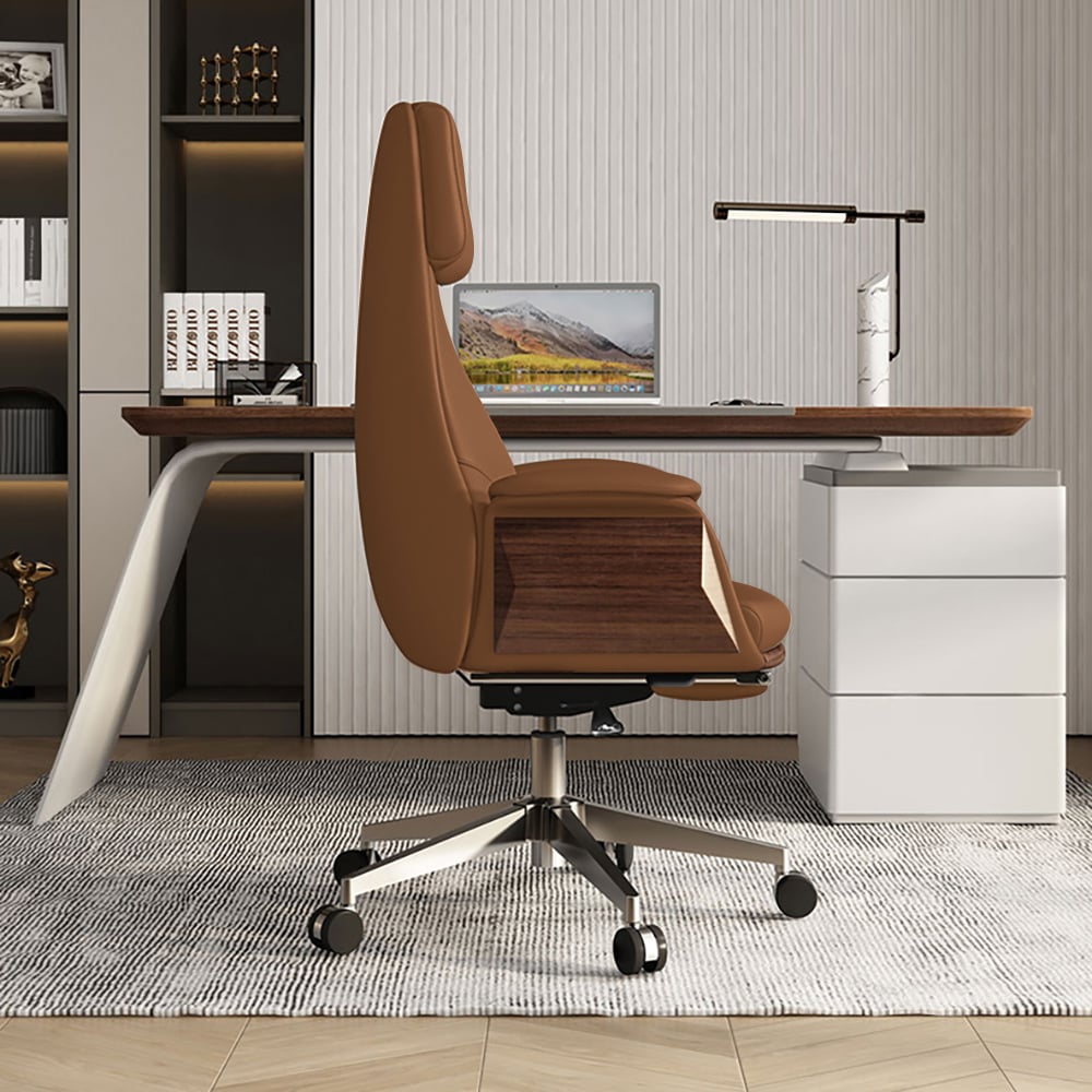 Reclining Leather Office Desk Chair High Back Adjustable Swivel Brown Executive Chair window image