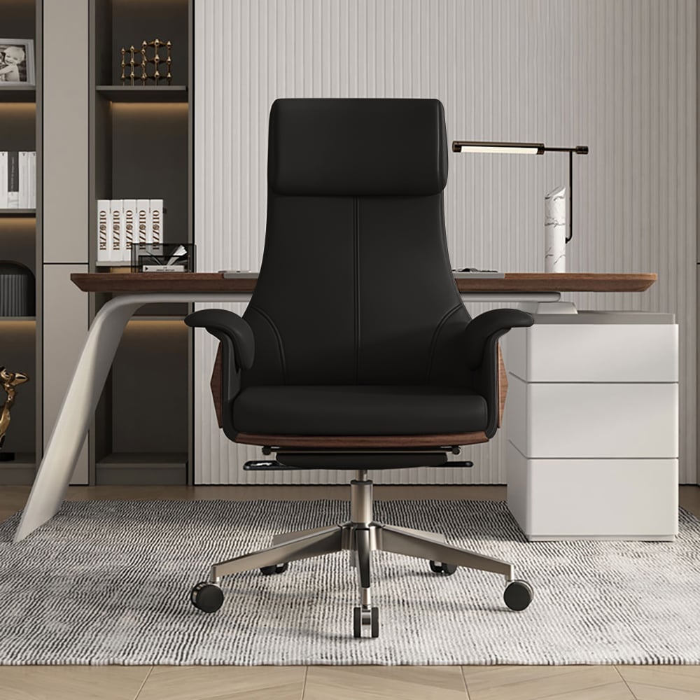 Fauteuil de bureau inclinable en cuir à dossier haut, pivotant réglable, noir image de fenêtre