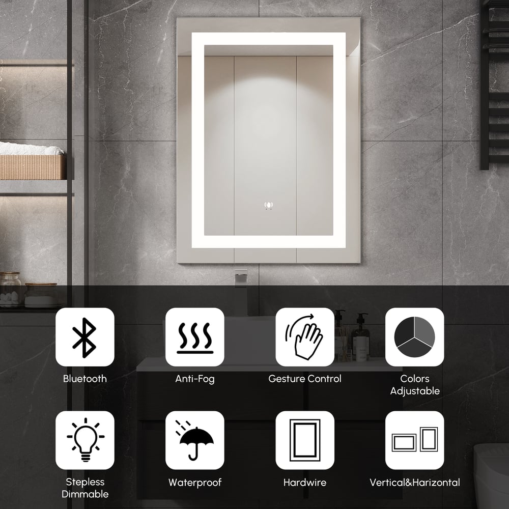 Espelho de banheiro LED sem moldura com controle de gestos de 24 “x 32", antiembaçante e alto-falante Bluetooth Imagem da janela