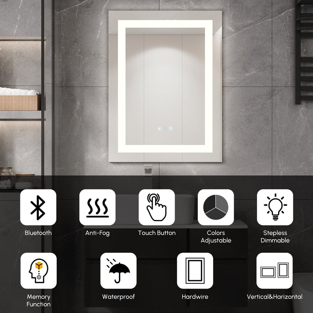 Touch Control Frameless LED Bathroom Mirror Anti-Fog & Bluetooth Speaker 800mm x 600mm window image