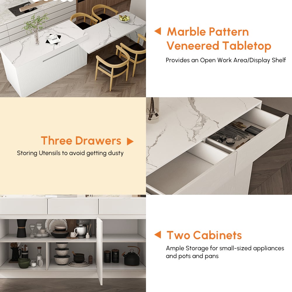 81''-106" Modern Extendable Marble Pattern Kitchen lsland Withe with Doors and Drawers window image
