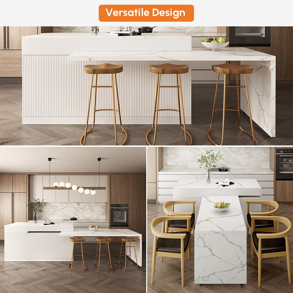 81''-106" Modern Extendable Marble Pattern Kitchen lsland Withe with Doors and Drawers window image