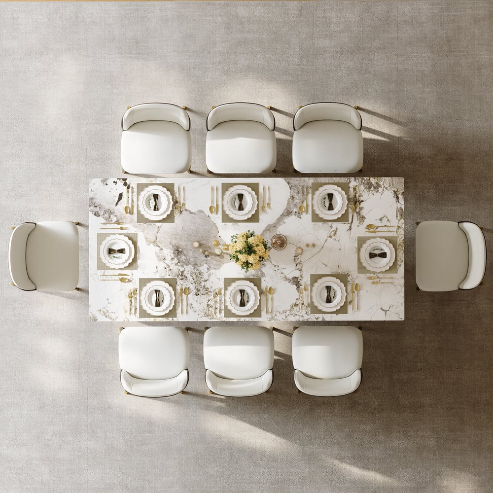 Mesa de jantar moderna de pedra sinterizada retangular de 2200 mm com 8 cadeiras em ouro Imagem da janela