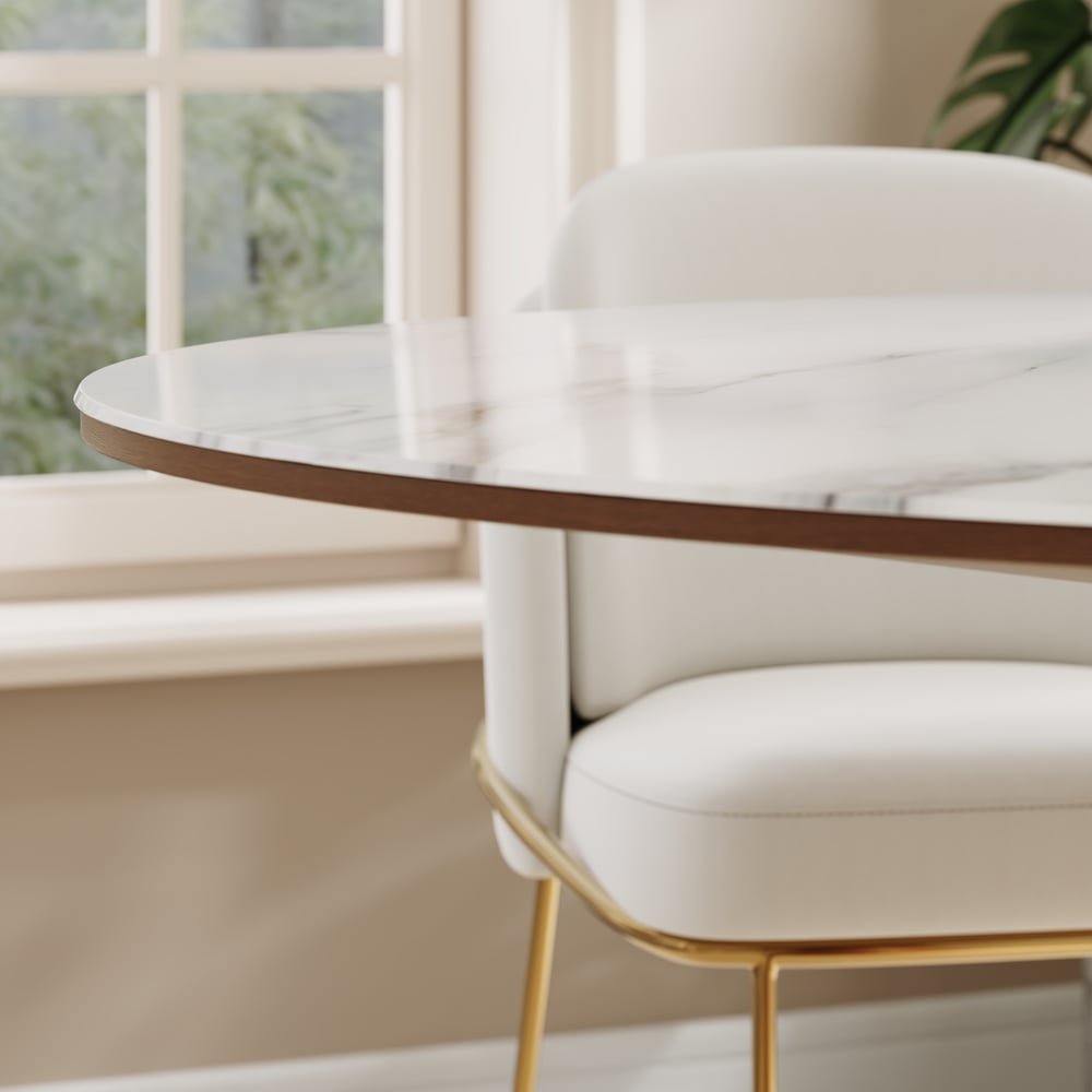 Round Dining Table Sintered Stone Top Wooden Base for 6 Mid-Century Modern window image