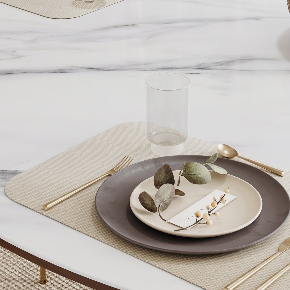 Round Dining Table Sintered Stone Top Wooden Base for 6 Mid-Century Modern window image