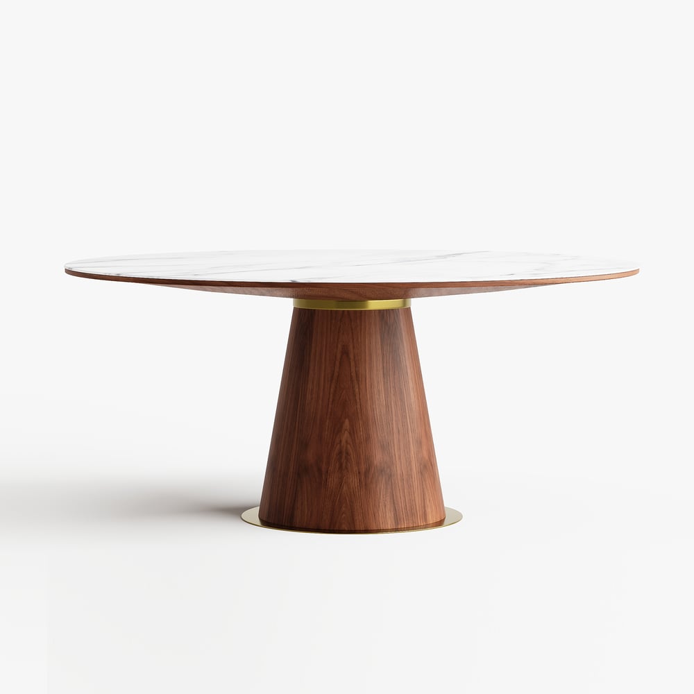 Round Dining Table Sintered Stone Top Wooden Base for 6 Mid-Century Modern window image
