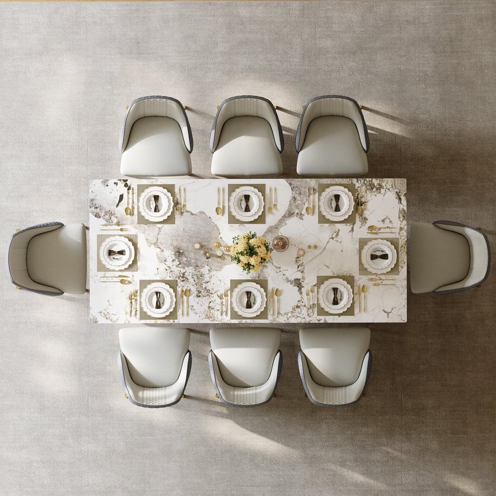 Mesa de jantar moderna de pedra sinterizada retangular de 2200 mm com 8 cadeiras em ouro Imagem da janela