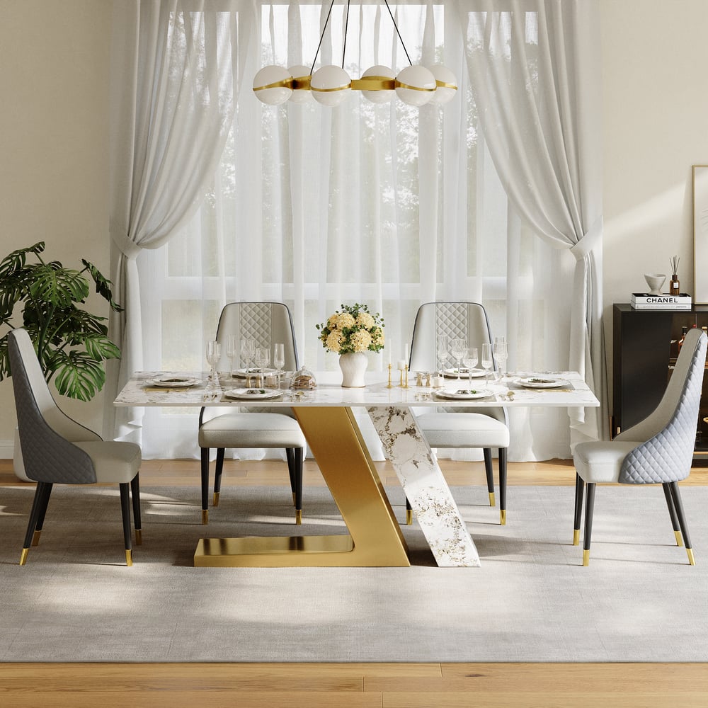 Modern 2000mm Rectangle Sintered Stone Dining Table with 6 Chairs in Gold window image