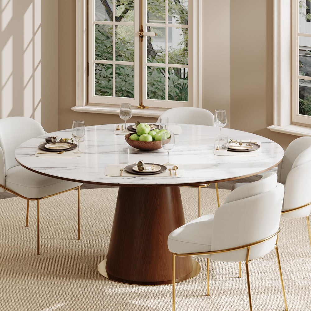 Round Dining Table Sintered Stone Top Wooden Base for 6 Mid-Century Modern window image