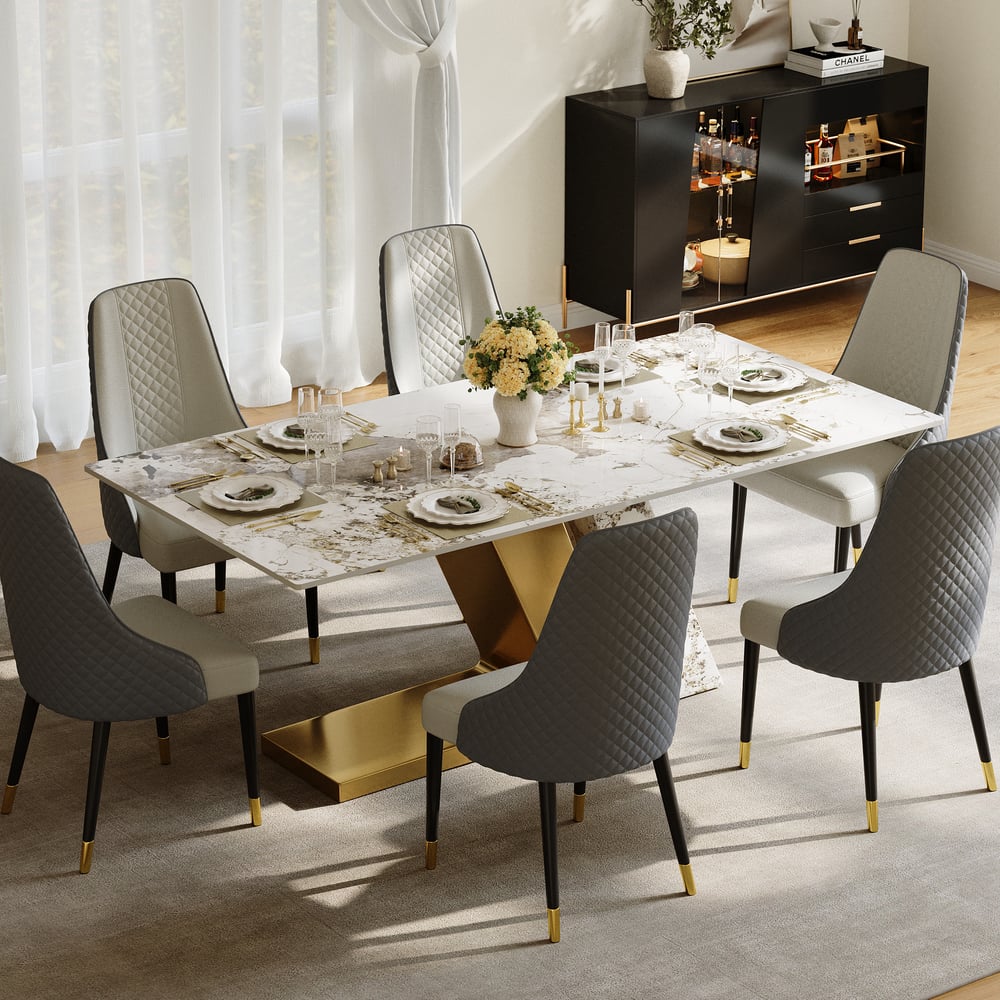 Modern 2000mm Rectangle Sintered Stone Dining Table with 6 Chairs in Gold window image