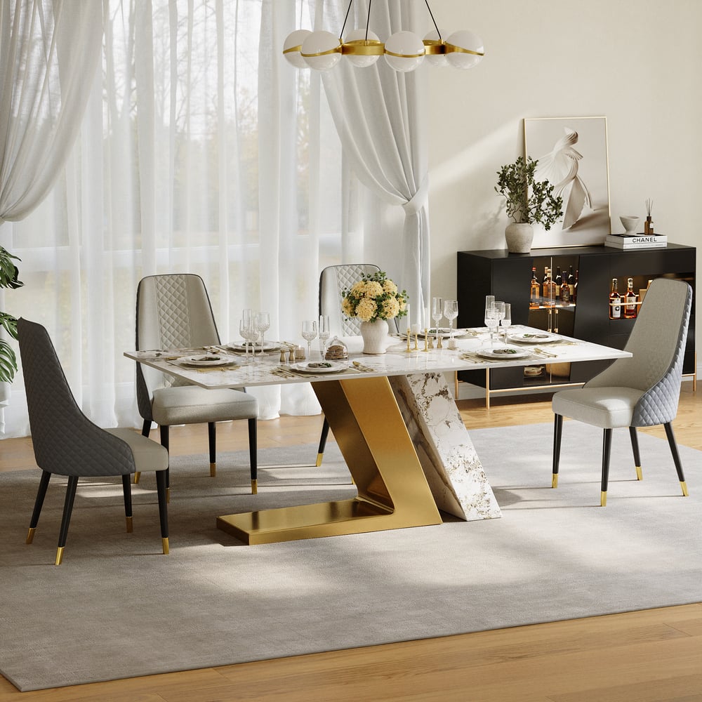Modern 2000mm Rectangle Sintered Stone Dining Table with 6 Chairs in Gold window image
