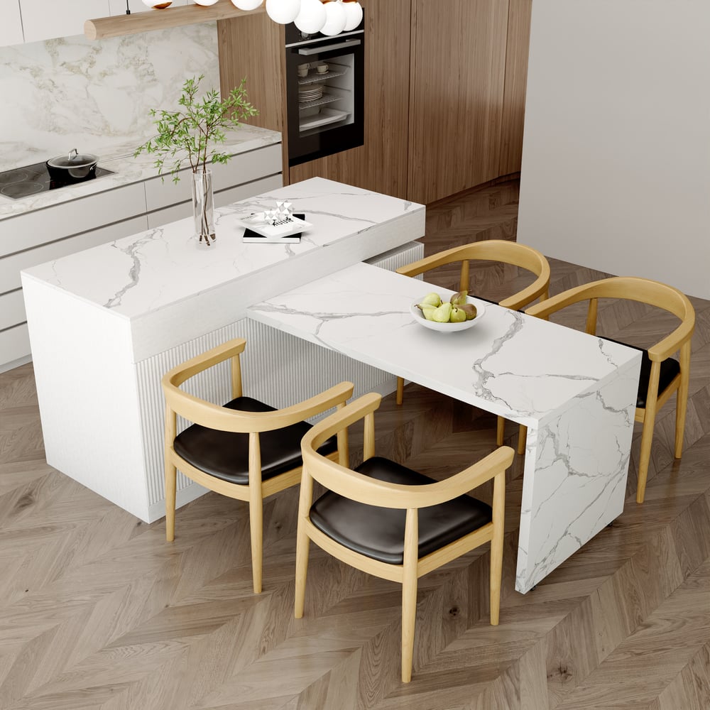 81''-106" Modern Extendable Marble Pattern Kitchen lsland Withe with Doors and Drawers window image