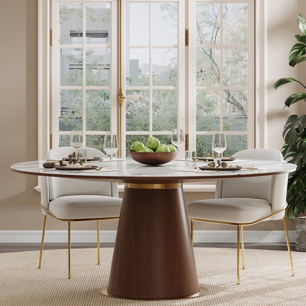 Round Dining Table Sintered Stone Top Wooden Base for 6 Mid-Century Modern window image