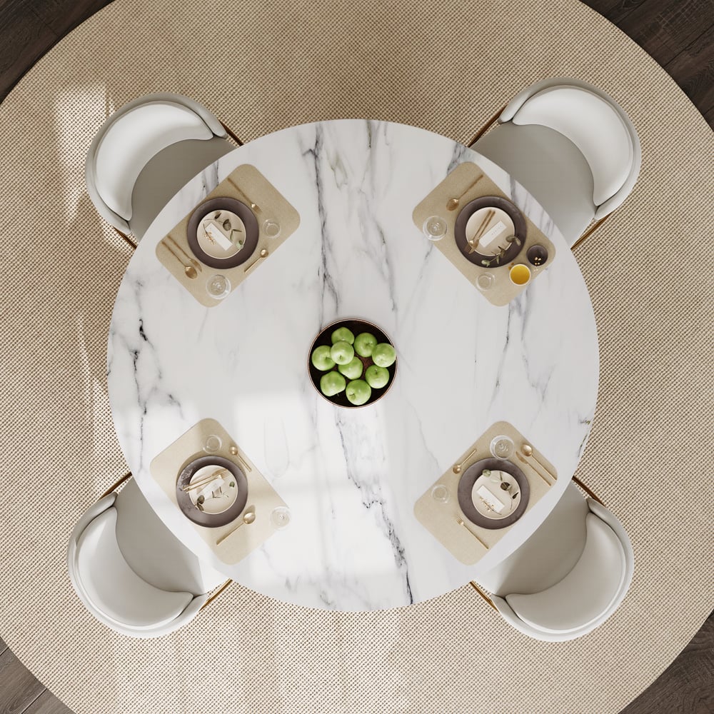 Round Dining Table Sintered Stone Top Wooden Base for 6 Mid-Century Modern window image