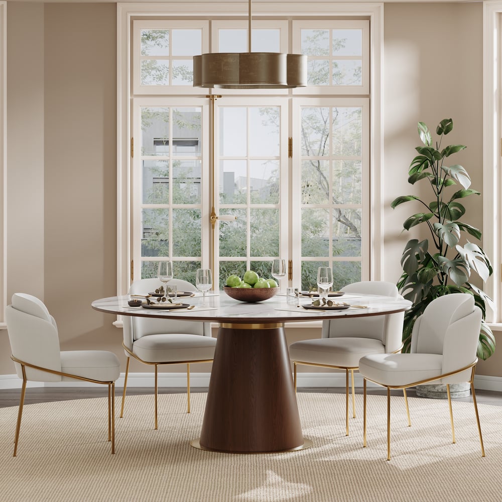 Round Dining Table Sintered Stone Top Wooden Base for 6 Mid-Century Modern window image