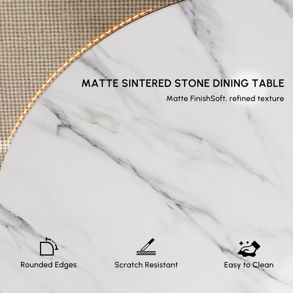 Round Dining Table Sintered Stone Top Wooden Base for 6 Mid-Century Modern window image