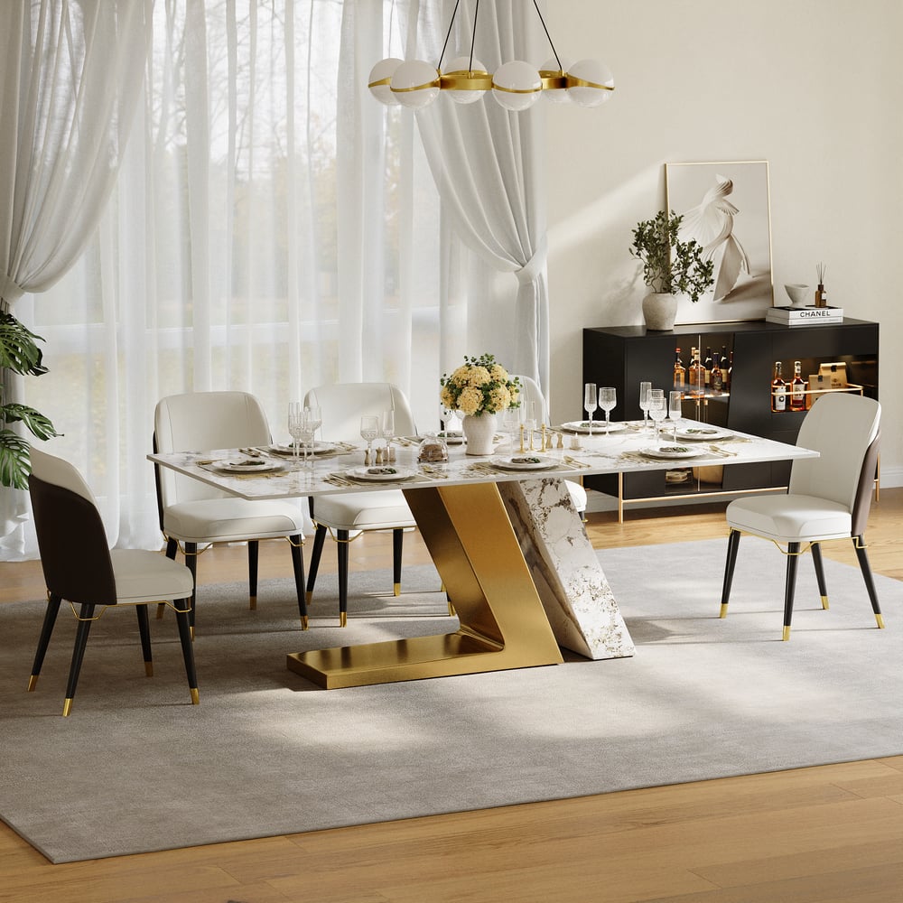 Mesa de jantar moderna de pedra sinterizada retangular de 2200 mm com 8 cadeiras em ouro Imagem da janela