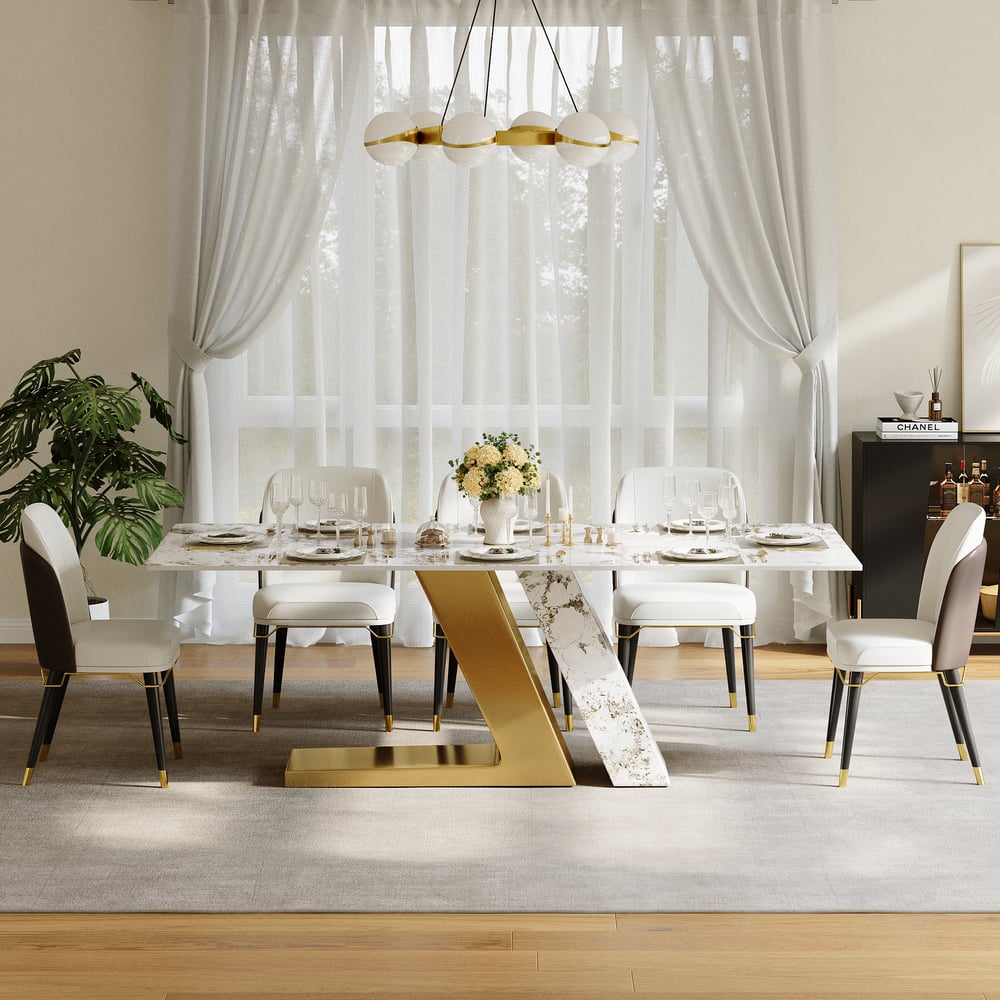 Mesa de jantar moderna de pedra sinterizada retangular de 2200 mm com 8 cadeiras em ouro Imagem da janela