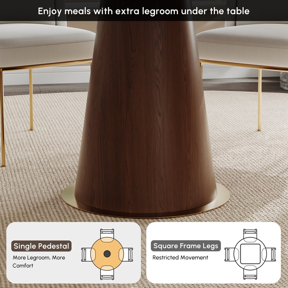 Round Dining Table Sintered Stone Top Wooden Base for 6 Mid-Century Modern window image