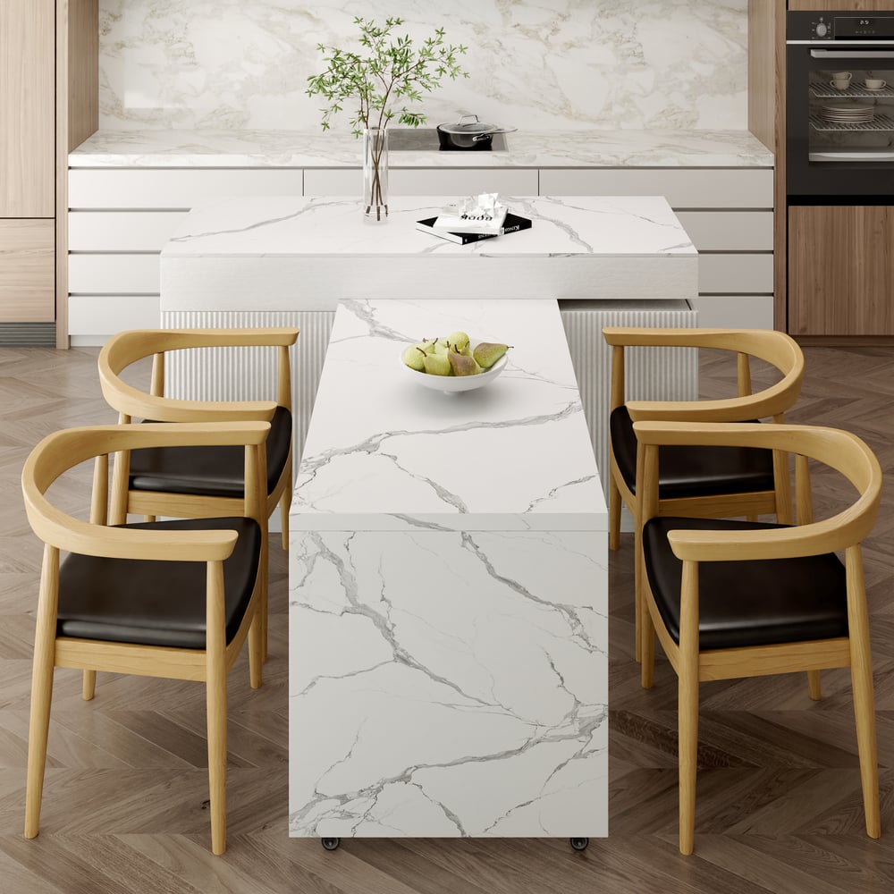 81''-106" Modern Extendable Marble Pattern Kitchen lsland Withe with Doors and Drawers window image