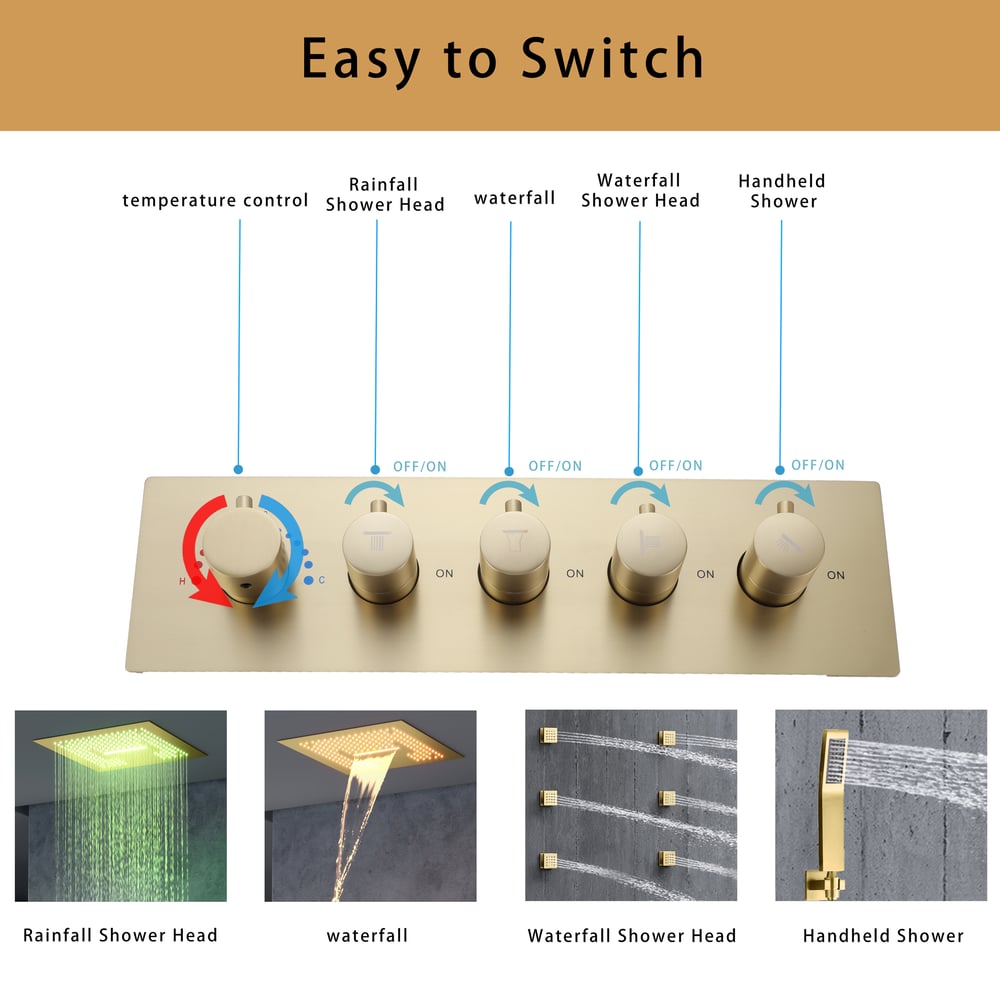 Ceiling-Mounted 16" Shower System in Brushed Gold 4-Function Thermostatic window image