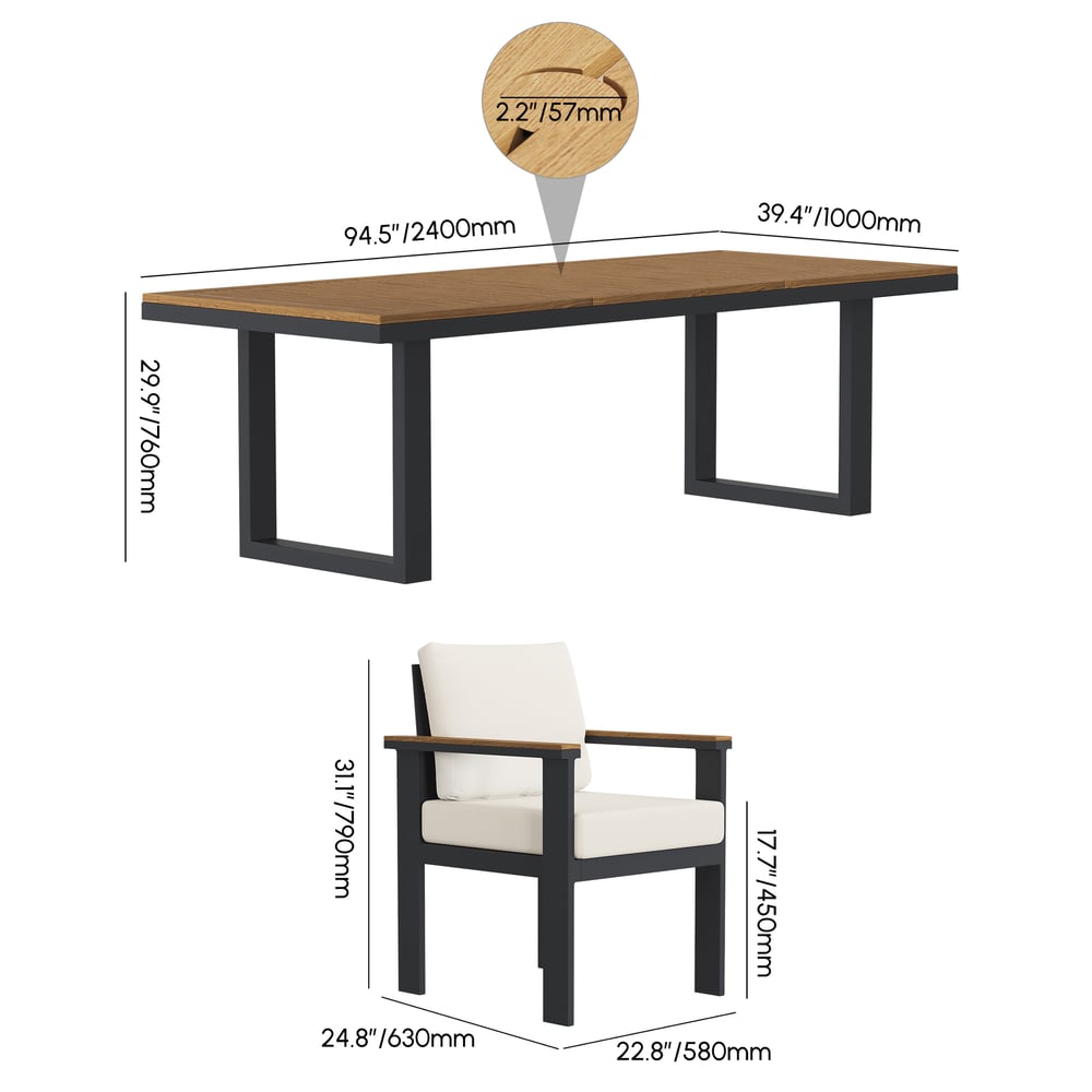 7 Pieces Rectangle Teak & Aluminum Outdoor Patio Dining Set for 6 Person weights dimensions image
