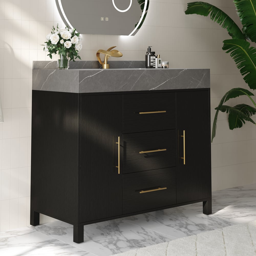 1000mm volně stojící černé koupelnové umyvadlo, deska ze slinutého kamene a zlaté rukojeti obrázek okna