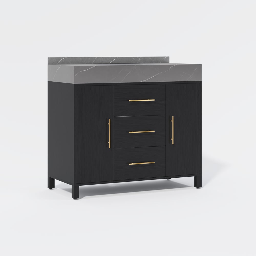 1000mm volně stojící černé koupelnové umyvadlo, deska ze slinutého kamene a zlaté rukojeti obrázek okna