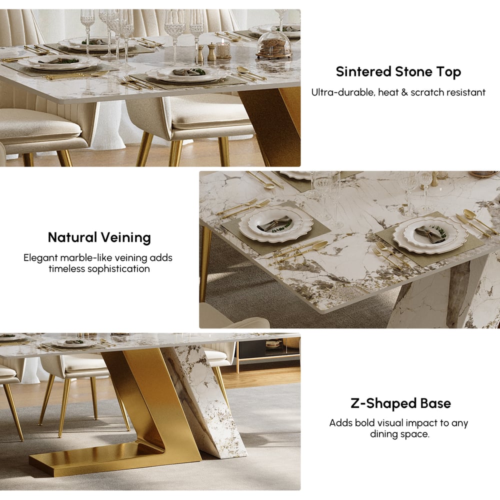 Modern 2200mm Rectangle Sintered Stone Dining Table with 8 Chairs in Gold window image