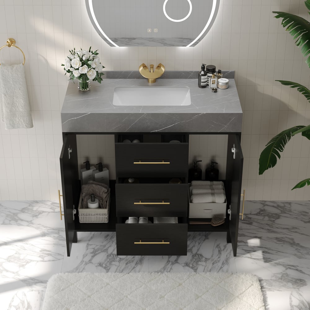 1000mm volně stojící černé koupelnové umyvadlo, deska ze slinutého kamene a zlaté rukojeti obrázek okna