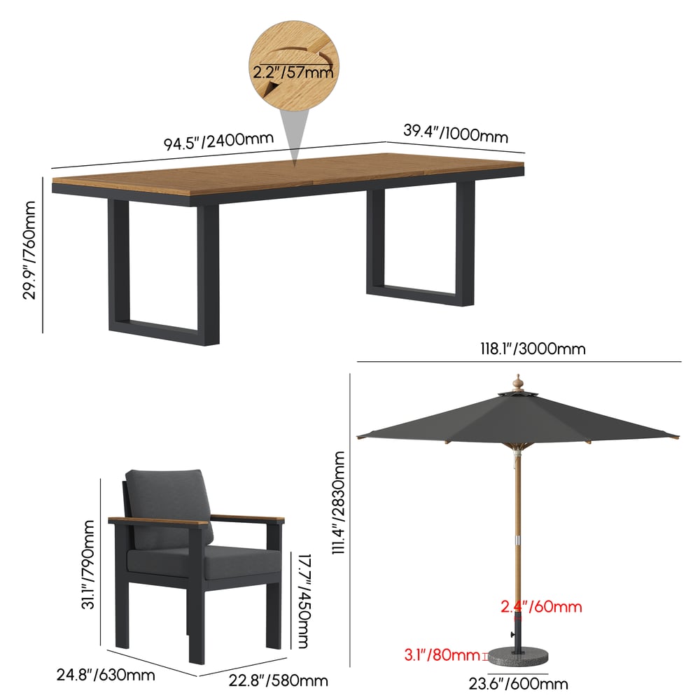 8 Pieces Rectangle Wood & Aluminum Outdoor Patio Dining Set with Central Pillar Umbrella weights dimensions image