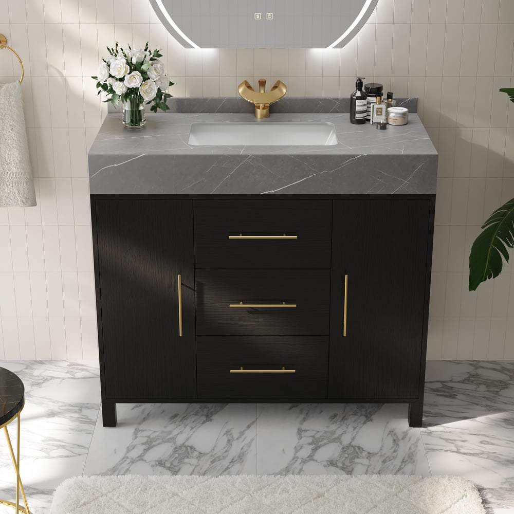 1000mm volně stojící černé koupelnové umyvadlo, deska ze slinutého kamene a zlaté rukojeti obrázek okna