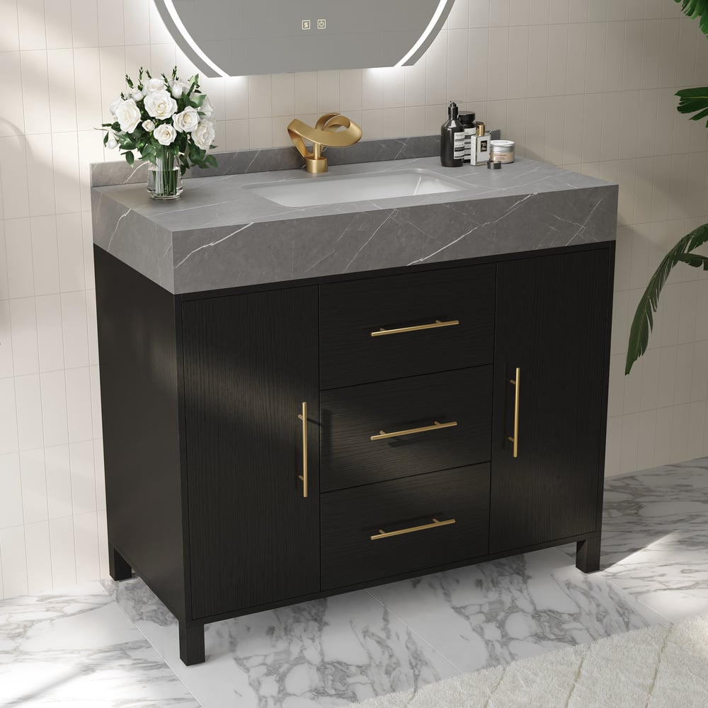 1000mm volně stojící černé koupelnové umyvadlo, deska ze slinutého kamene a zlaté rukojeti obrázek okna