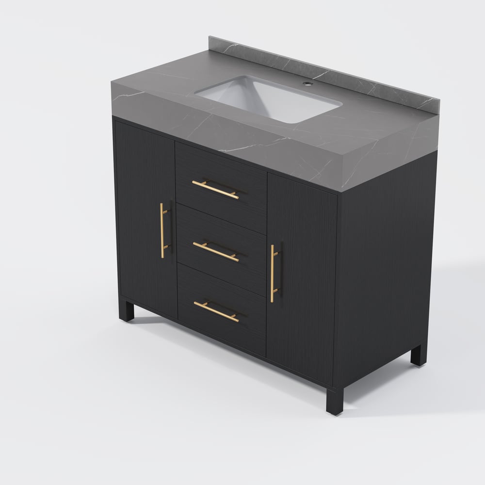 1000mm volně stojící černé koupelnové umyvadlo, deska ze slinutého kamene a zlaté rukojeti obrázek okna