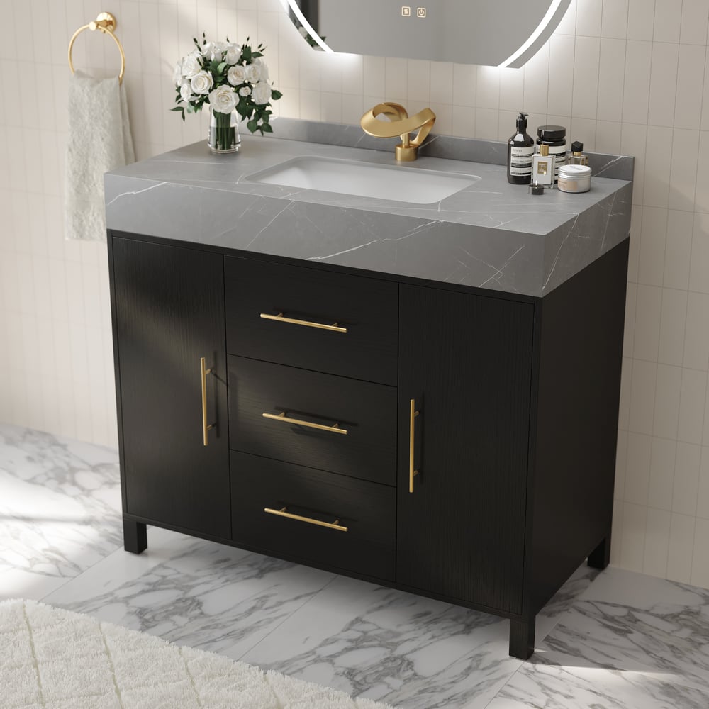 1000mm volně stojící černé koupelnové umyvadlo, deska ze slinutého kamene a zlaté rukojeti obrázek okna