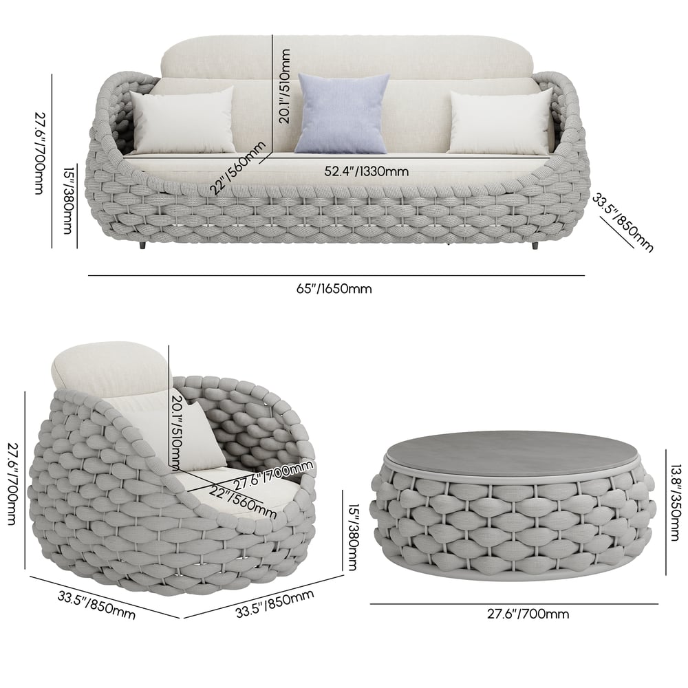 Tatta 4 Pieces Woven Rope Outdoor Swivel Sofa Set 360 Degree Rotatable with Coffee Table weights dimensions image