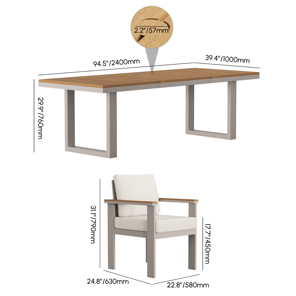 Conjunto de jantar retangular de teca e alumínio Axis de 7 peças para pátio externo para 6 pessoas Imagem com pesos e dimensões