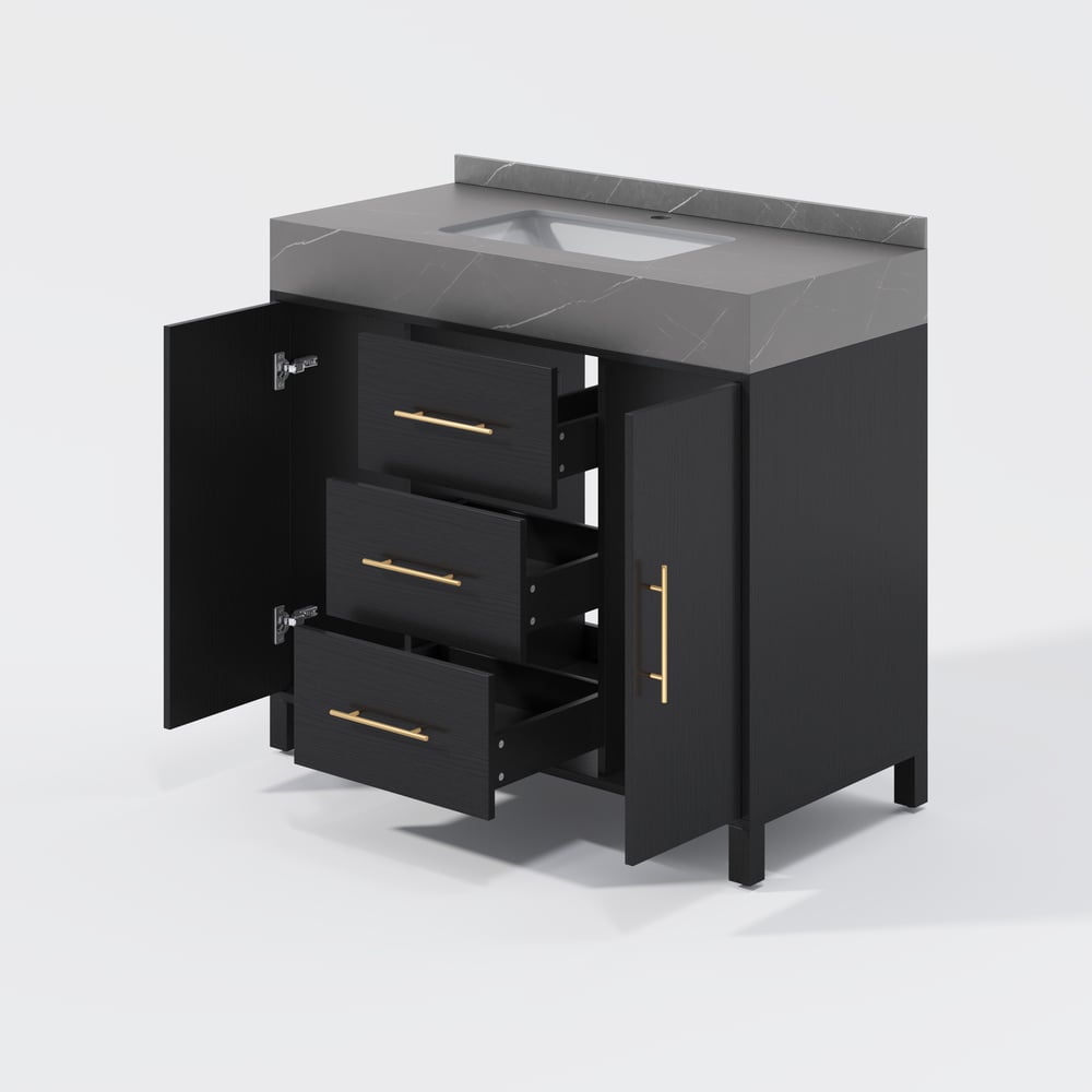 1000mm volně stojící černé koupelnové umyvadlo, deska ze slinutého kamene a zlaté rukojeti obrázek okna