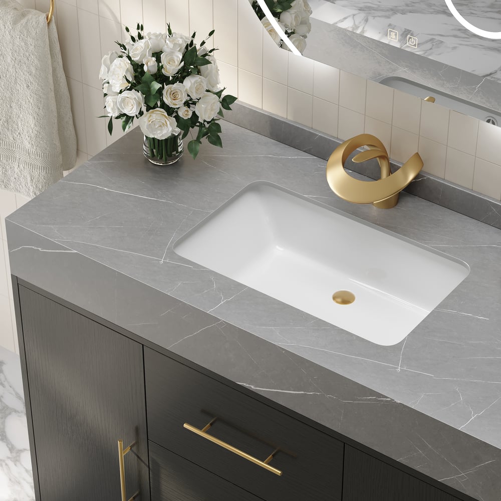 1000mm volně stojící černé koupelnové umyvadlo, deska ze slinutého kamene a zlaté rukojeti obrázek okna